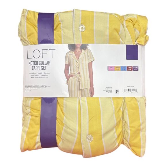 Yellow Stripe - Loft Women's Notch Collar Short Sleeve and Drawcord Sleep Capri - Picture 2 of 2